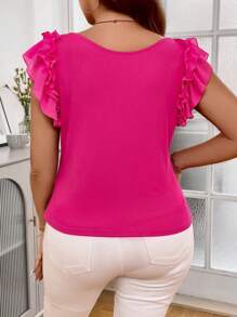 Celure Hơn Viền Ruffle Đồ đan Ribbed Áo thun - Màu Hồng Tươi - Xem 2