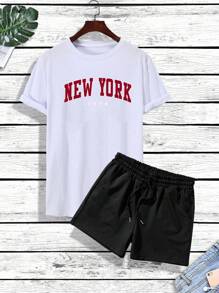 Manfinity Homme Hombres con estampado de letra Camiseta & de cintura con cordón Shorts - Blanco y Negro - Ver 4