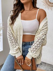 Calvaya 大碼網眼針織落肩袖開襟衫 - 杏色 - 查看 3