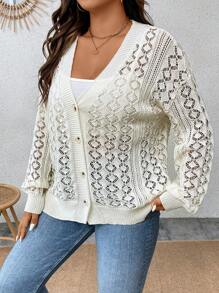 Calvaya 大碼網眼針織落肩袖開襟衫 - 杏色 - 查看 4