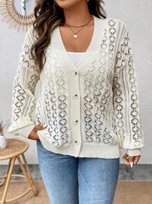 Calvaya 大碼網眼針織落肩袖開襟衫 - 杏色 - 查看 5