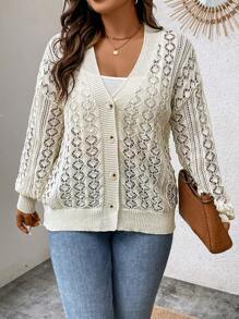 Calvaya 大碼網眼針織落肩袖開襟衫 - 杏色 - 查看 6