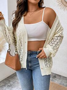 Calvaya 大碼網眼針織落肩袖開襟衫 - 杏色 - 查看 7