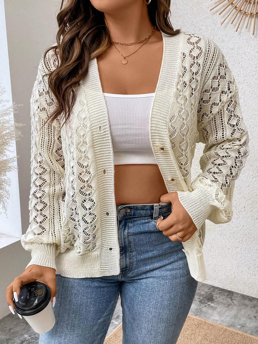 Calvaya 大碼網眼針織落肩袖開襟衫 - 杏色 - 查看 1