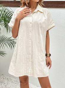 SHEIN Frenchy 素色前紐扣襯衫連衣裙不附腰帶 - 米色 - 查看 3