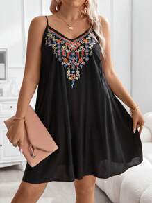 Calvaya Plus Floral Embroidery Cami Dress, Summer - Black - View 1