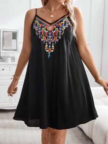 Calvaya Plus Floral Embroidery Cami Dress, Summer - Black - View 3