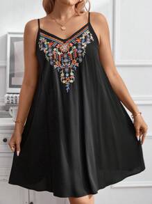 Calvaya Plus Floral Embroidery Cami Dress, Summer - Black - View 6