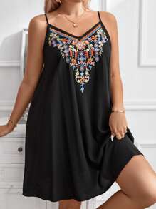 Calvaya Plus Floral Embroidery Cami Dress, Summer - Black - View 7
