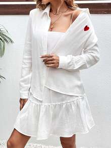 SHEIN Frenchy 愛心刺繡襯衫&荷葉邊半身裙不附吊帶上衣 - 白色 - 查看 3