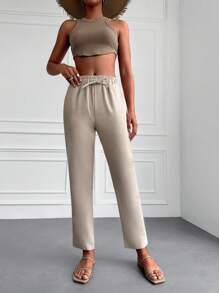 EURMUSE Chất rắn Quần ống côn - Màu be - Xem 1