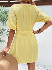 SHEIN Frenchy Contrast Tape Belted Dress - Yellow - View 2