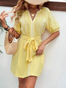 SHEIN Frenchy Contrast Tape Belted Dress - Yellow - View 3
