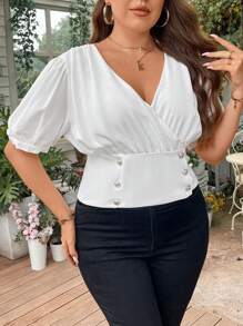 Celure Hơn Surplice cổ Chi tiết Nút Ống tay áo Áo sơ mi - trắng - Xem 1