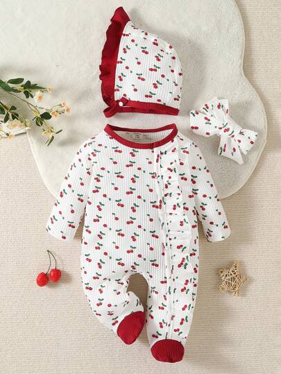 女嬰櫻桃圖案荷葉邊包腳連體睡衣&帽＆ 頭巾
