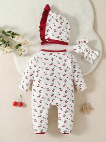 女嬰櫻桃圖案荷葉邊包腳連體睡衣&帽＆ 頭巾 - 白色 - 查看 2