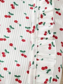 女嬰櫻桃圖案荷葉邊包腳連體睡衣&帽＆ 頭巾 - 白色 - 查看 3