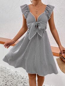 SHEIN VCAY Striped Print Knot Front Ruffle Trim Dress - Black and White - View 1
