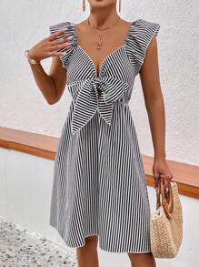 SHEIN VCAY Striped Print Knot Front Ruffle Trim Dress - Black and White - View 3