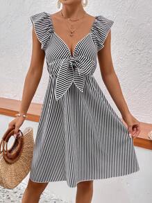 SHEIN VCAY Striped Print Knot Front Ruffle Trim Dress - Black and White - View 4