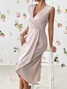 SHEIN Privé 素色圍裹下擺緞面連衣裙 - 米色 - 查看 6