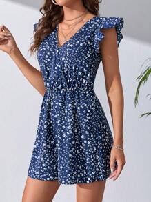 SHEIN Tall Ditsy Floral Print Ruffle Trim Romper