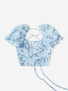 SHEIN VCAY 大碼印花露背繫帶泡泡袖襯衫 - 淺藍色 - 查看 2