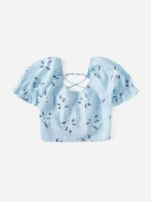 SHEIN VCAY 大碼印花露背繫帶泡泡袖襯衫 - 淺藍色 - 查看 4