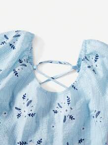 SHEIN VCAY 大碼印花露背繫帶泡泡袖襯衫 - 淺藍色 - 查看 5