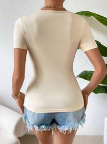 SHEIN Essnce Solid Asymmetrical Neck Ruched Tee - Apricot - View 2