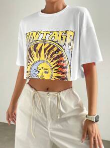 SHEIN EZwear 太陽和字母圖案落肩袖短款T恤