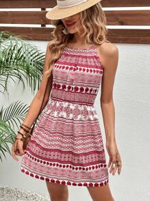 SHEIN Frenchy Geo Print Halter Neck Dress - Multicolor - View 1
