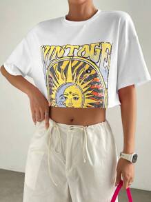 SHEIN EZwear 太陽和字母圖案落肩袖短款T恤