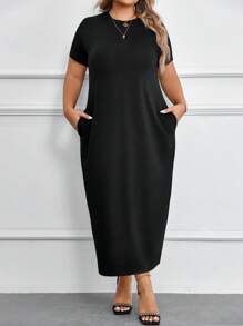 SHEIN LUNE 大碼素色隱藏口袋連衣裙