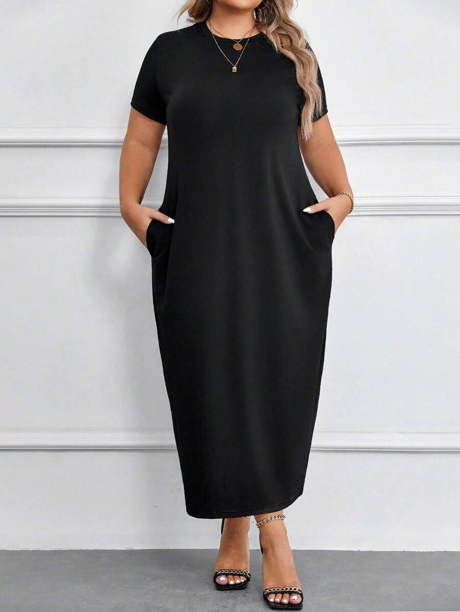 SHEIN LUNE 大碼素色隱藏口袋連衣裙