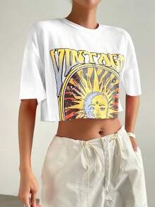 SHEIN EZwear 太陽和字母圖案落肩袖短款T恤