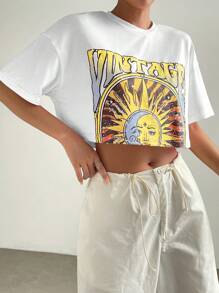 SHEIN EZwear 太陽和字母圖案落肩袖短款T恤