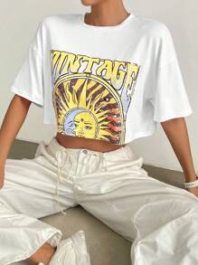 SHEIN EZwear 太陽和字母圖案落肩袖短款T恤