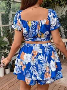 Sunnyshic Plus Tropical Print Tie Front Crop Top & Shorts - Baby Blue - View 2