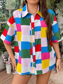 SHEIN LUNE Plus Geo Print Drop Shoulder Shirt - Multicolor - View 1