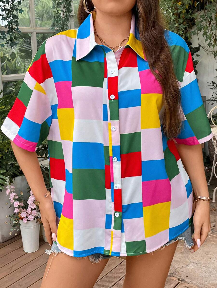 SHEIN LUNE Plus Geo Print Drop Shoulder Shirt - Multicolor - View 1