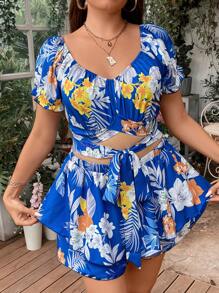 Sunnyshic Plus Tropical Print Tie Front Crop Top & Shorts - Baby Blue - View 3