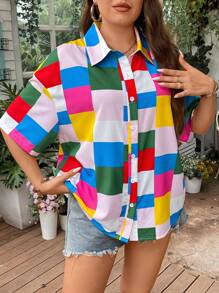 SHEIN LUNE Plus Geo Print Drop Shoulder Shirt - Multicolor - View 3
