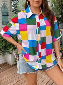 SHEIN LUNE Plus Geo Print Drop Shoulder Shirt - Multicolor - View 4