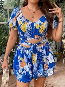Sunnyshic Plus Tropical Print Tie Front Crop Top & Shorts - Baby Blue - View 5