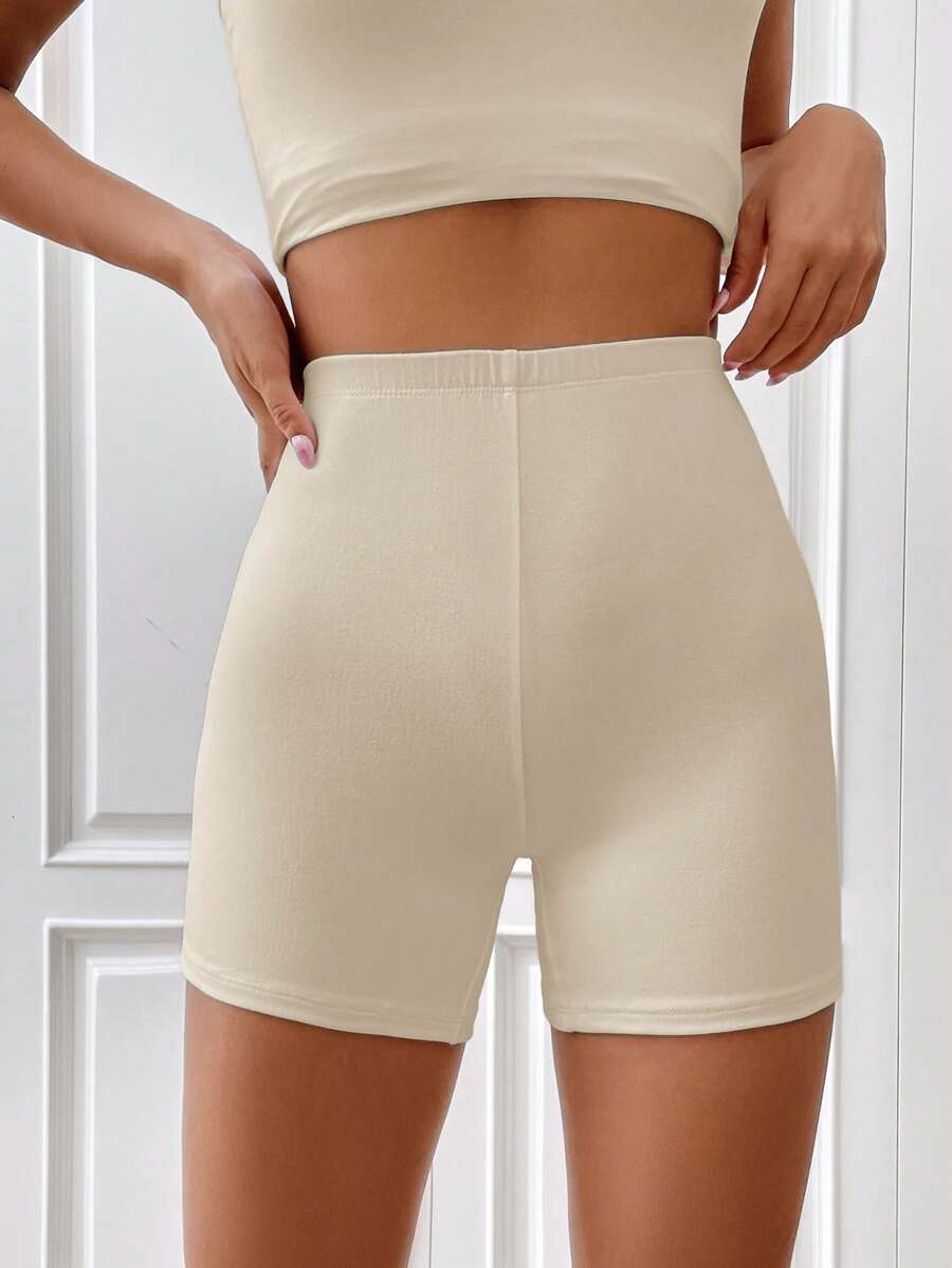 SHEIN EZwear Solid Ribbed Knit Cycling Shorts - Apricot - View 1