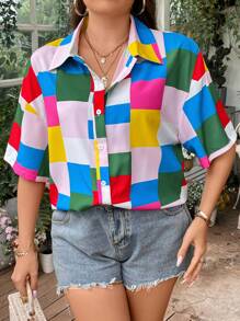 SHEIN LUNE Plus Geo Print Drop Shoulder Shirt - Multicolor - View 6