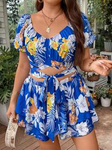 Sunnyshic Plus Tropical Print Tie Front Crop Top & Shorts - Baby Blue - View 7