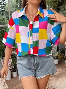 SHEIN LUNE Plus Geo Print Drop Shoulder Shirt - Multicolor - View 7