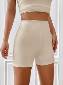 SHEIN EZwear Solid Ribbed Knit Cycling Shorts - Apricot - View 3